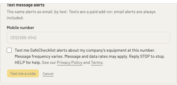 The text alerts sign-up form: a mobile number field, the unticked consent box with the wording above, and a Text me a code button.